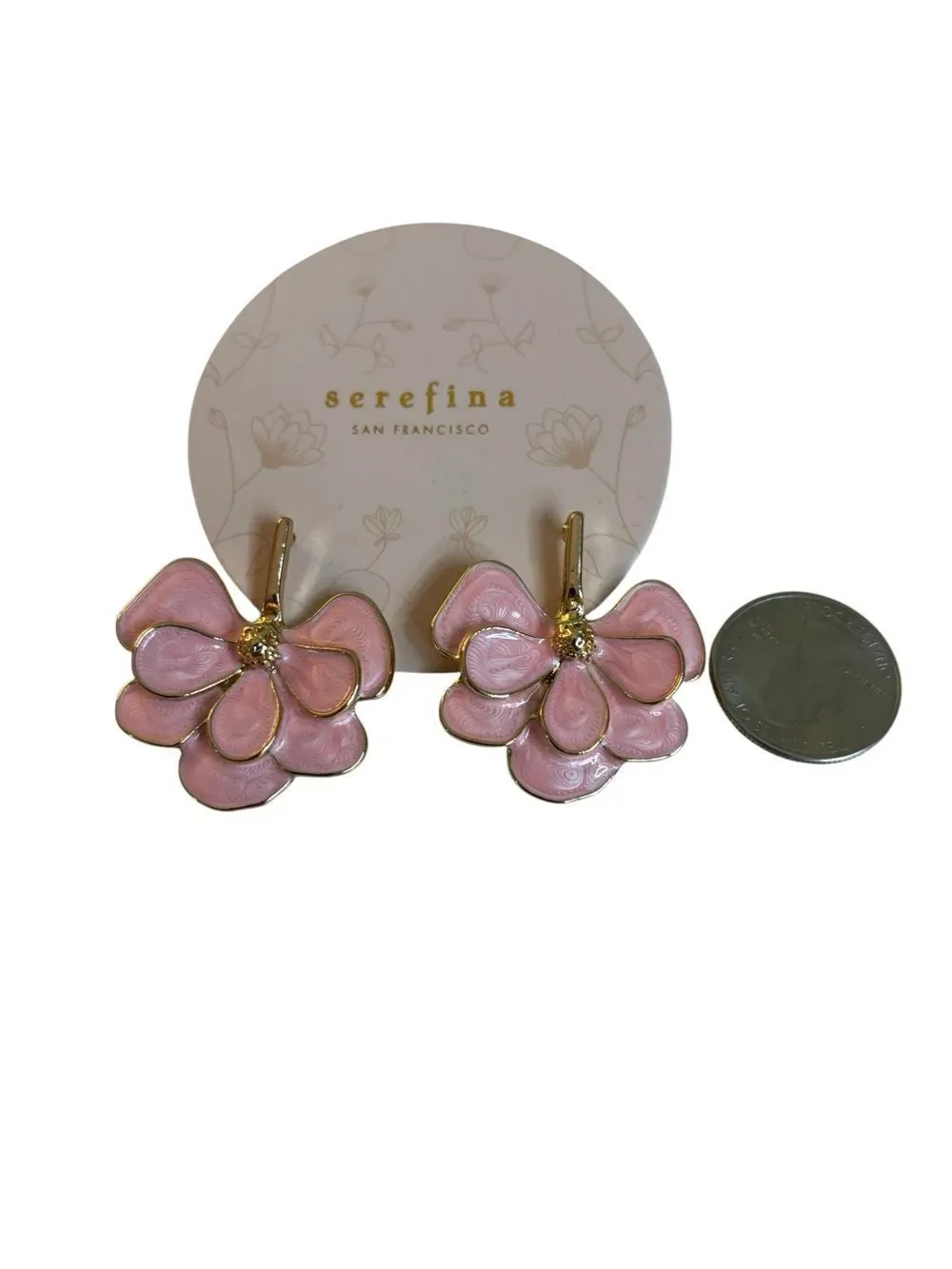 Light Pink & Gold Tone Multi-layered Enamel Flower Petal Drop Earrings.